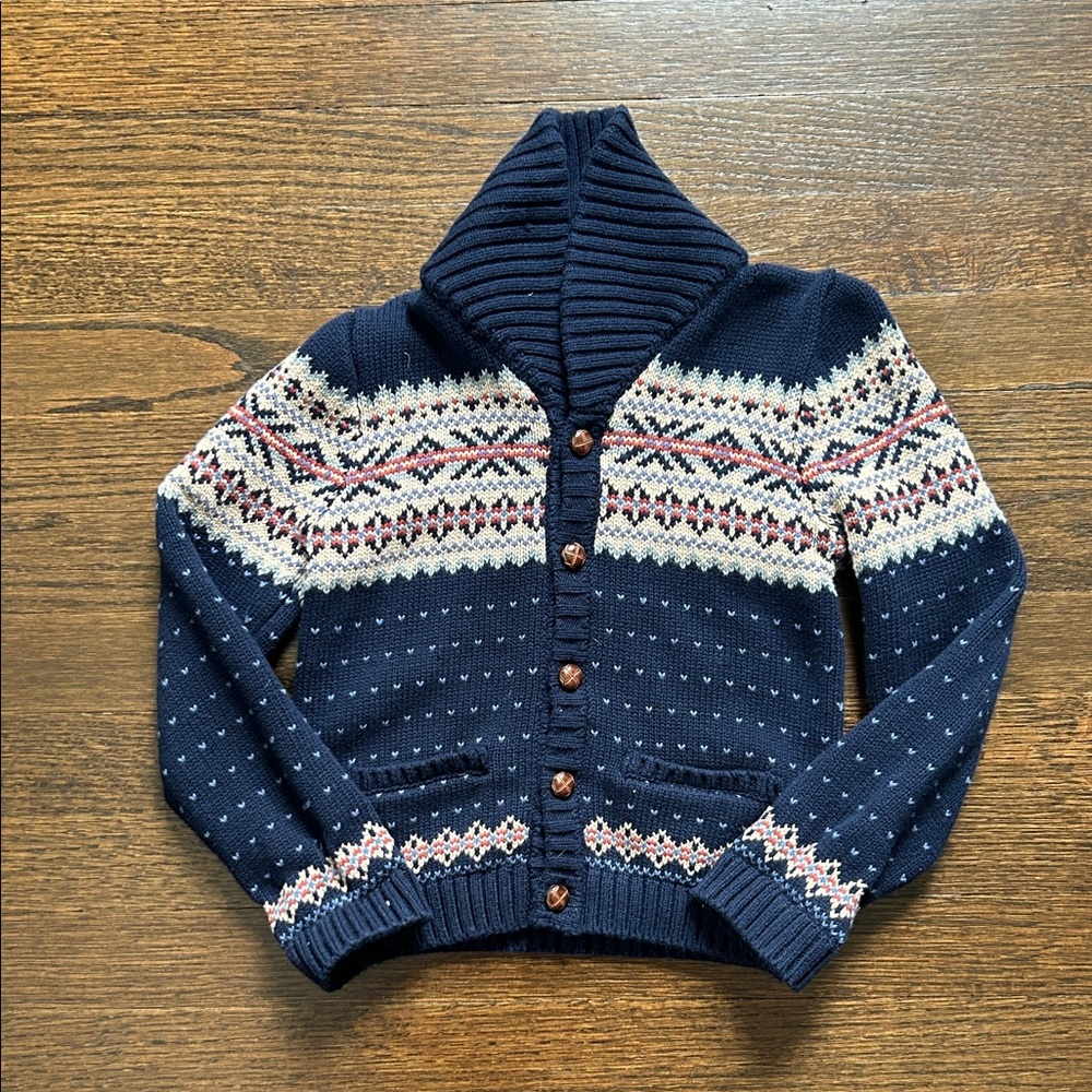 Kids Navy Blue Fair Isle Cardigan Sweater